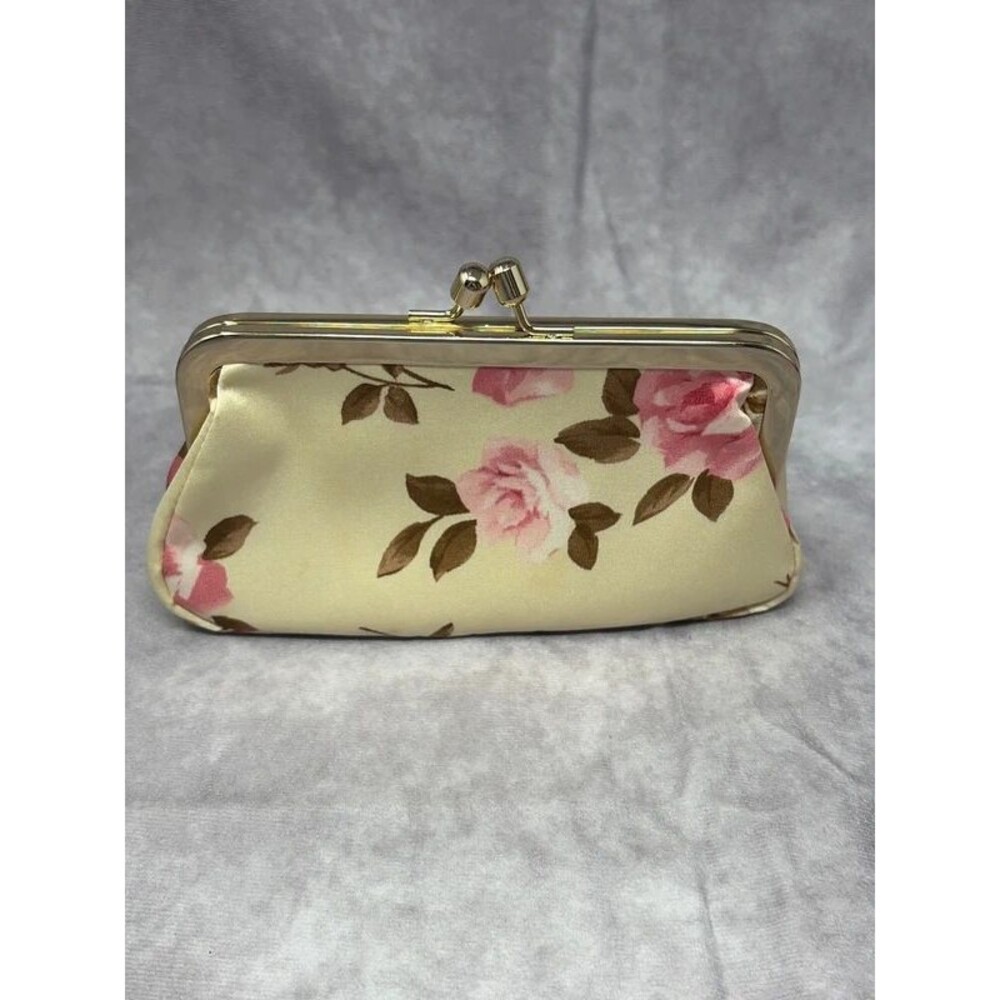 Vtg Banana Republic Floral Kiss Lock Clutch Bag Cream Pink Rose Cottagecore y2k